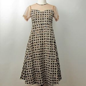 Perada Brown Print Cotton Batik Dress Illusion Yoke Fit & Flare High Waist Small